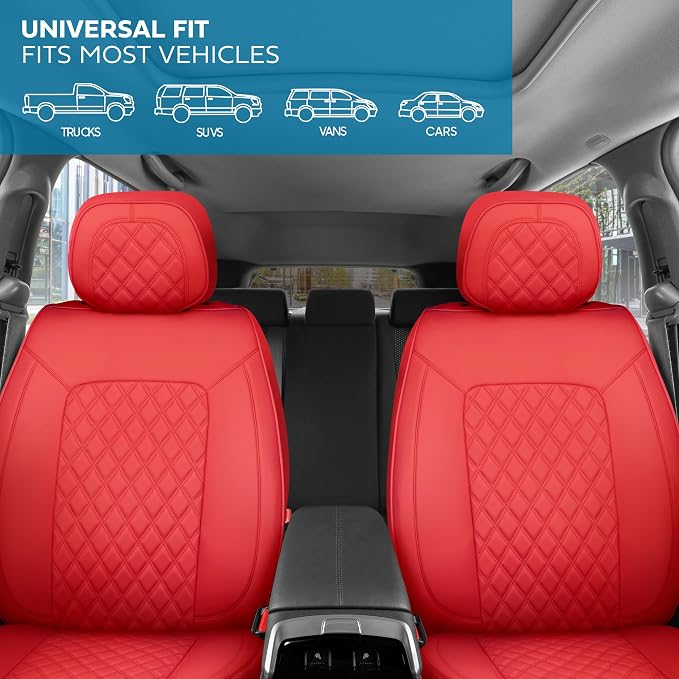 MotorBox Haven Series Napa Leather Seat Covers for Cars, Lux Edition Diamond Stitched Full Set Seat Covers, Premium PU Red Leatherette Car Seat Covers for Cars Trucks SUVs