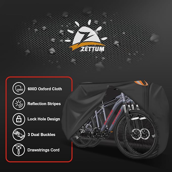 Zettum Bike Cover for 2 Bikes - Outdoor Bike Covers for Stationary 2 Bikes Heavy Duty & Waterproof, 600D Bicycle Covers for 2 eBike, Mountain Bike, Road Bike, Hybrid Bike, Beach Cruiser Bike Storage