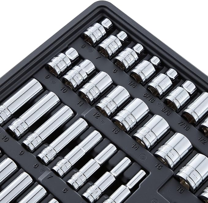 VEVOR Mechanics Tool Set, 297-Piece Mechanic Tool Kit, 1/4 in, 3/8 in, and 1/2 in Drive, SAE and Metric Socket Set, Wrenches, Screwdriver Bits, Accessories, and Storage Case, for Automotive Repair