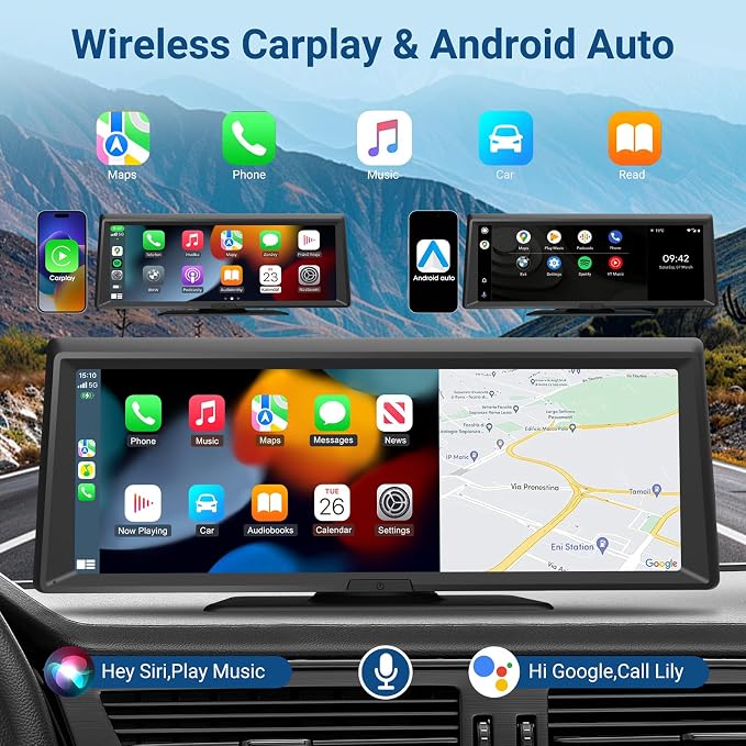 Wireless Portable with Apple CarPlay Screen,8.1" Touch Screen Car Stereo with 2K Dash Cam/Car Play & Android Auto,1080P Backup Camera,GPS Navigation,Voice Control,Loop Recording,with Mirror Link