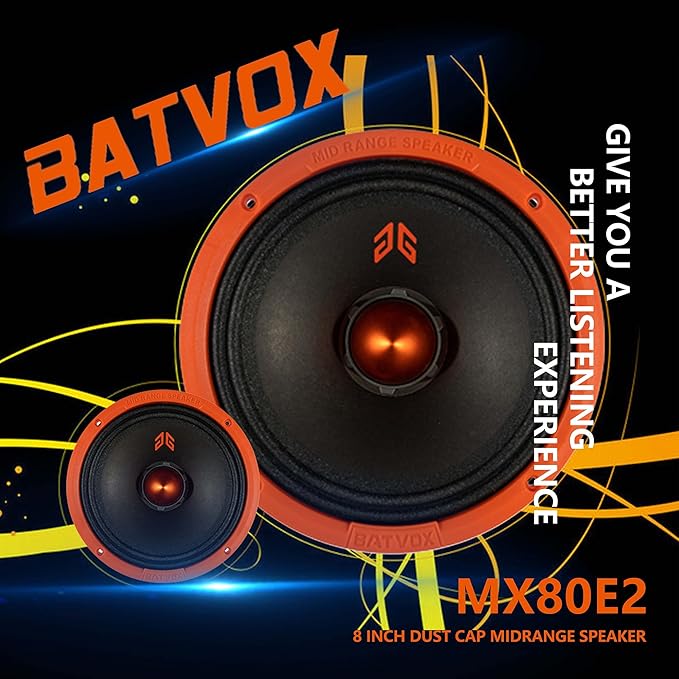 MX80E2 Loudspeaker 8 Inch Midrange 640 Watts 4 Ohms Orange Bullet, Premium Quality Audio Door Speakers for Car or Truck Stereo Sound System, Orange (2 Speakers)