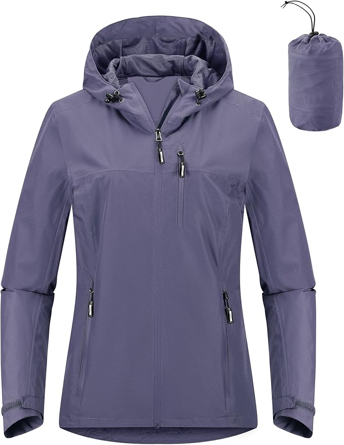 Outdoor Ventures Packable Rain Jacket Women Lightweight Waterproof Raincoat with Hood Cycling Bike Jacket