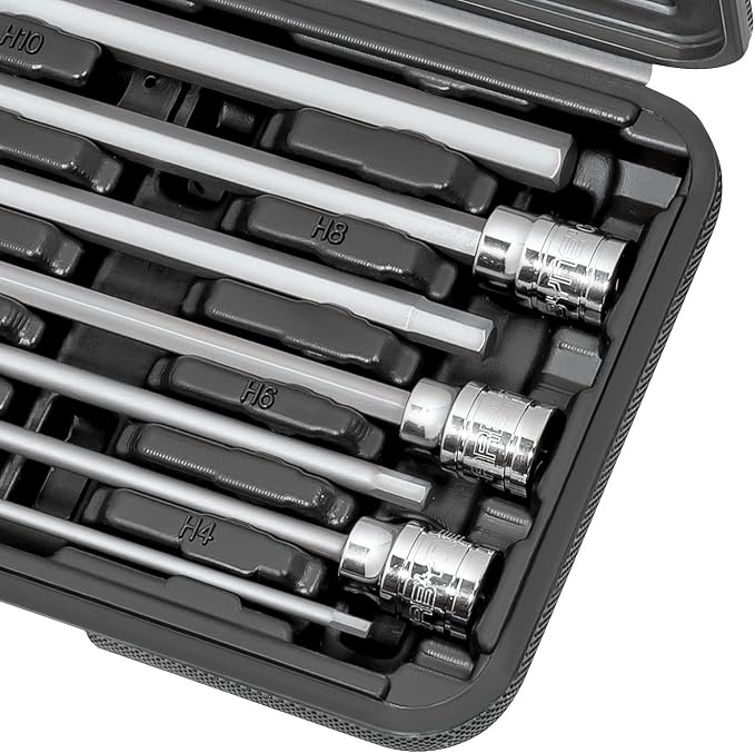 CARBYNE 7-Piece Metric Extra Long Hex (Allen) Bit Socket Set, 3mm to 10mm, 3/8 in. Drive, S2 Steel Bits, CrV Sockets, 6.1 in. Overall Length for Deep-Reach Access, Durable Storage Case