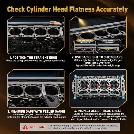 ±0.001" Machinist Straight Edge, Precision Straight Edge with Feeler Gauge, Precision-Ground, Heat-Treated High-Carbon Steel, Corrosion & Wear Resistant for Cylinder Head & Engine Block Inspection