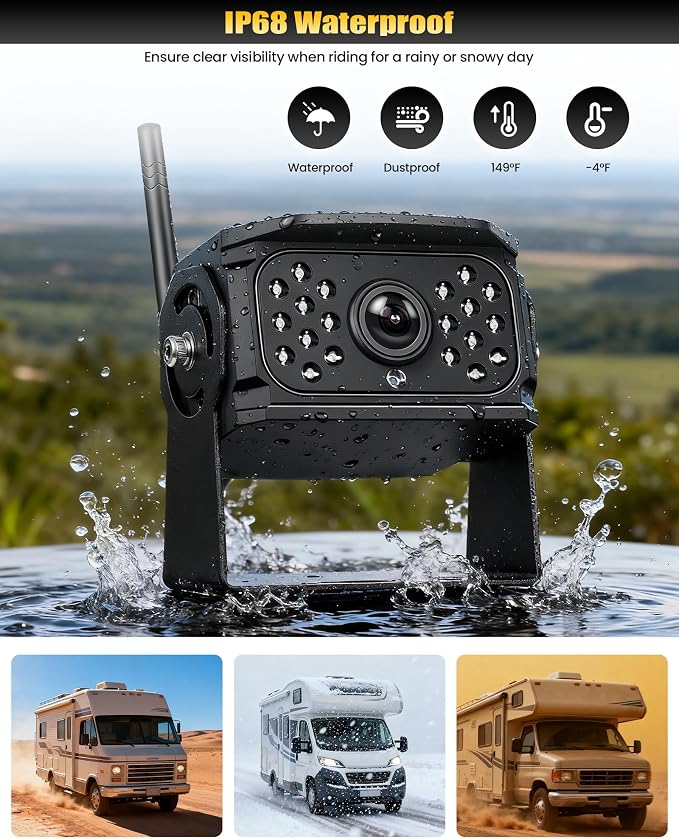 10.1 Inch Wireless Backup Camera Monitor Digital Signal Stable BSD Night Vision with Front Rear View IP68 Waterproof Camera for Truck/Car/Pickup/SUV/Tractors/Bus/Pickup