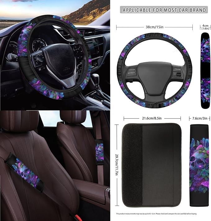 Skull Floral Butterfly Print Car Seat Cover Set Steering Wheel Covers Seat Belt Strap Cover Garbage Cans Air Vent Storage Holder Rear View Mirror Covers Coasters Key Chain, 15 Pack