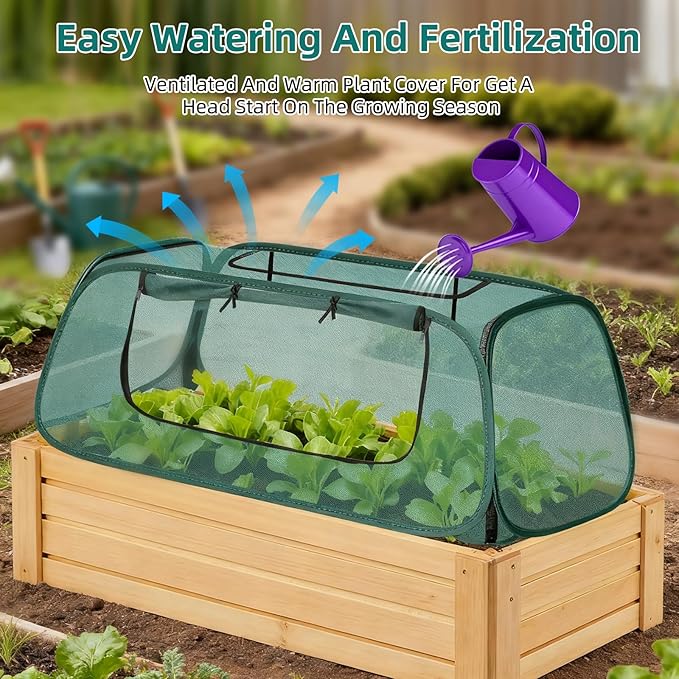 Pop-Up Mesh Garden Cover for Raised Beds – 2-Pack Outdoor Plant Cage with 30% Sun Shade & Insect Protection, Zip Window, Foldable Crop Tent for Seedlings, Wildlife, Includes 8 Stakes