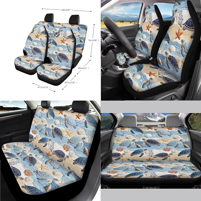 Sea Turtle Print Car Seat Covers Full Set Shell Starfish Print Car Seat Covers Front and Back Full Set with Steering Wheel Cover Armrest Cushion Safety Belt Pads Garbage Bag Coasters