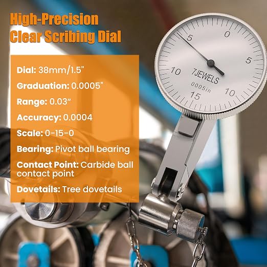 0.0005" Dial Indicator Brass Test Indicator with 7 Jewels Bearings Accuracy 0.0004 Big Face Imperial Dial Indicator for Machinist Engineer Inspection Measurement (Model 201-0066)