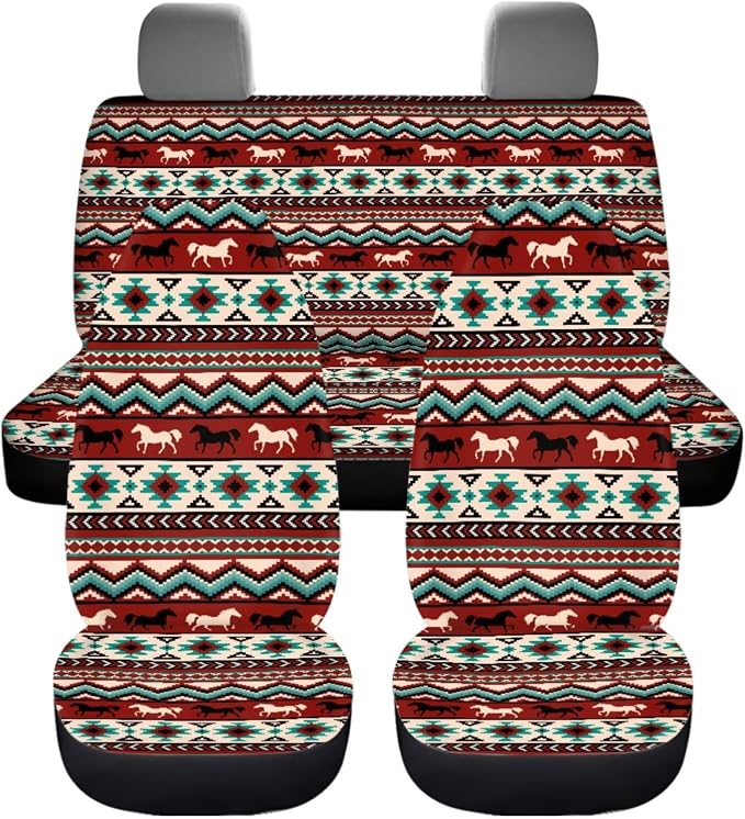 Dreaweet Navajo Seat Covers for Cars Full Set Native Tribal Horse Car Accessories Seat Covers with Steering Wheel Cover/Armrest Cover/Seatbelt Covers/Cup Holders/Gear Shift Cover/Handbrake Cover,12Pcs