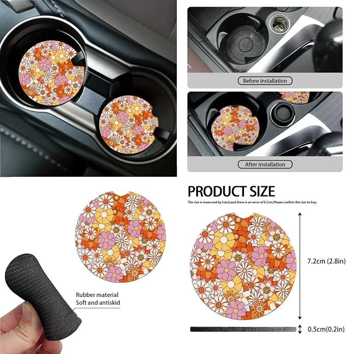 Wanyint Hippie Flower Daisy Car Seat Covers Front Back Seats Set of 15, Steering Wheel Cover Seatbelt Cushion Pad Trash Bin Air Vent Pocket Rearview Mirror Cover Cup Holder Key Chain Car Accessories