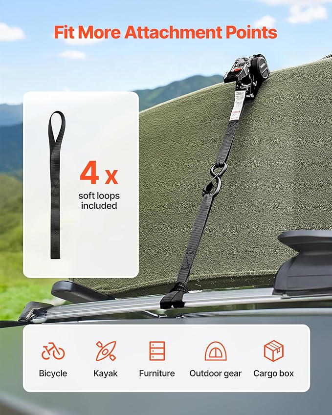 VEVOR Retractable Ratchet Straps, 1 in x 10 ft, Tie Down Straps with S Hooks, 1200 lbs Break Strength, 4 Soft Loops, Tie Down Ratcheting for Moving, Trailers, Motorcycles, Kayaks, Car Roof, 4 Pack