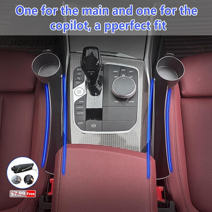 Seat Gap Filler Compatible with Kia Sportage.Deeper Than Standard Retail Models(7.5cm)|Added Cup Holder (2 Fixed Points) + Hooks + Charging Cable Port |2pcs Black| Free Window Break Hammer 1pcs|