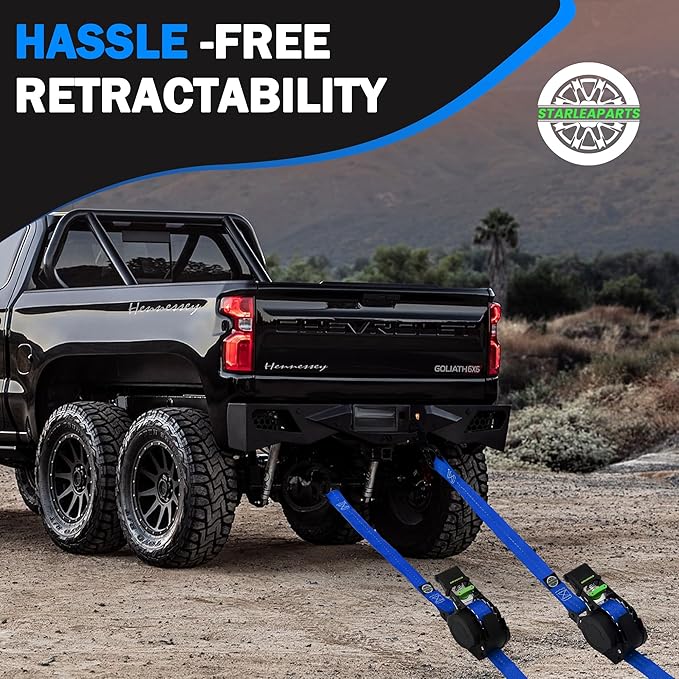 Retractable Ratchet Straps(4PK 1.0INX12FT) - 1,500lb Break Strength, Ratchet Strap Heavy Duty with Rubber Coated Handle, Perfect Auto Ratchet Straps for Motorcycle,Trucks (Blue)