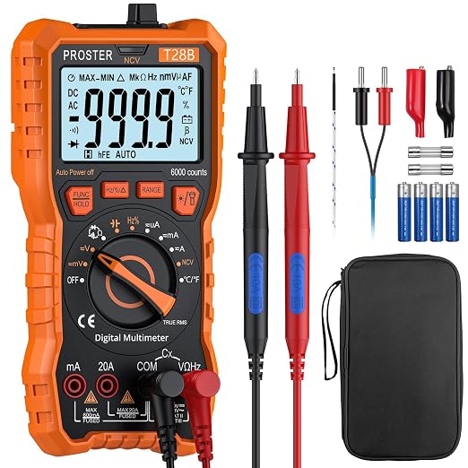 Proster Digital Multimeter - TRMS Voltmeter Multimetro Auto Range Multi Testers, 20A DC AC Current Meter NCV Detector Magnetic Hanging Hands-Free Design with Temperature Probe Backlit LCD Flashlight