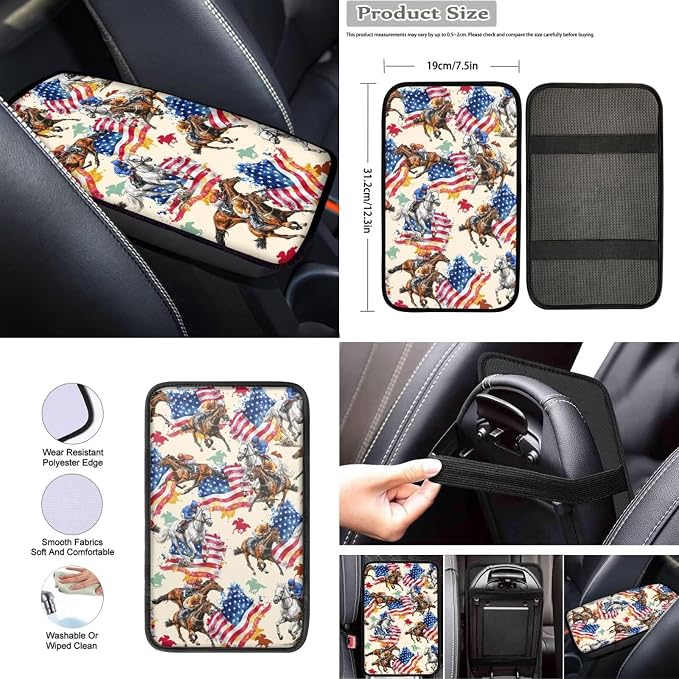 Wanyint Kentucky Horse Racing Car Seat Cover Full Set 12 PCS, with Steering Wheel Seat Belt Cover Armrest Pad Coasters Handbrake Gear Shift Knob Set Auto Accessories Decor, American Flag Horse Beige