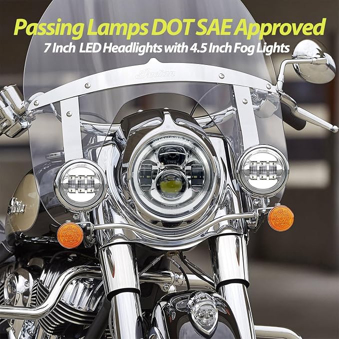 7 inch Motorcycle LED Headlight 4.5’’ Fog Passing Lights DOT Kit for Harley Davidson Street Electra Glide Ultra Limited Special CVO Tri Heritage Softail Deluxe Classic Road King Switchback Screamin