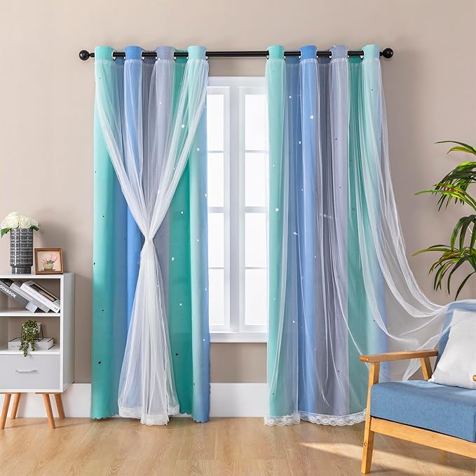 XiDi Blackout Curtains for Girls Bedroom 45 Inch Length 2 Panels Rainbow Kids Grommet Window Drapes for Nursery Living Room Decro Princess Unicorn Wall Decals Blue Green Grey 34 Inches Wide