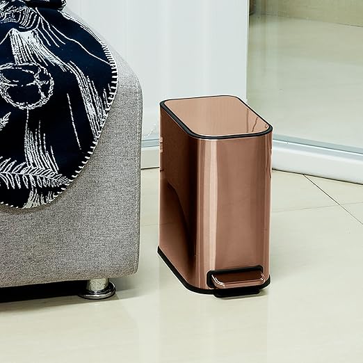 RED FACTOR Slim Small 1.3 Gallon Stainless Steel Pedal Trash Can with Soft Close Lid for Narrow Spaces – Wastebasket Bin with Removable Inner Bucket for Bathroom, Kitchen, Bedroom, or Office (Copper)