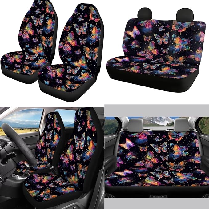 Mumeson Colorful Butterfly Car Seat Set with Steering Wheel Cover,Soft Seatbelt Covers Shoulder Pad,Armrest Cushion Covers Fit Most Vehicle Interior Accessories 8 Pack Set Black