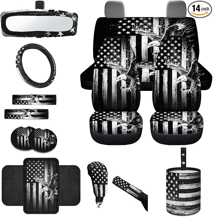 Eagle Print Car Interior Cover Set American Flag Print Car Front and Rear Seat Covers Steering Wheel Cover Armrest Pad Safety Belt Pads Rear View Mirror Protector, 14Pcs