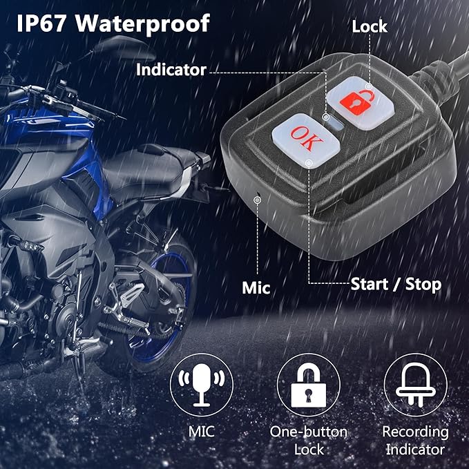 Fydun Motorcycle Dash Cam Front and Rear, 2 Inch 1080P+720P Dual Lens Motorbike DVR, IP67 Bike Camera with Loop Recording, G-Sensor, Parking Mode, Wired Remote Control