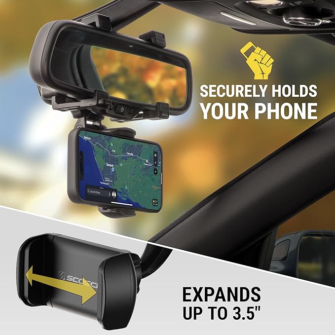 Scosche SUHRM Rear View Mirror Phone Holder, 360° Rotatable Rearview Mirror Cell Phone Car Mount, Cellphone Stand Compatible with iPhone 16/15/14/13/12 Series, Android & Mobile Phones up to 3.5 inches
