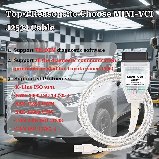 Mini Vci J2534 Cable for Toyota Techstream-Latest Version V18.00.008,OBD2 to USB Diagnostic and Reprogramming Cable Fits Toyota Lexus Scion Vehicles,Work with Windows XP Win7 Win10(32/64bit)