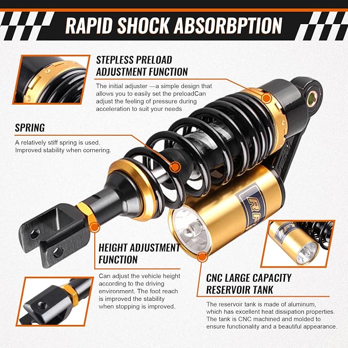 11inch 280mm Motorcycle Air Shock Absorbers for HONDA for Suzuki for Yamaha for Kawasaki ATV Go Kart Quad Dirt Sport Bikes Black & Gold Eye To Clevis
