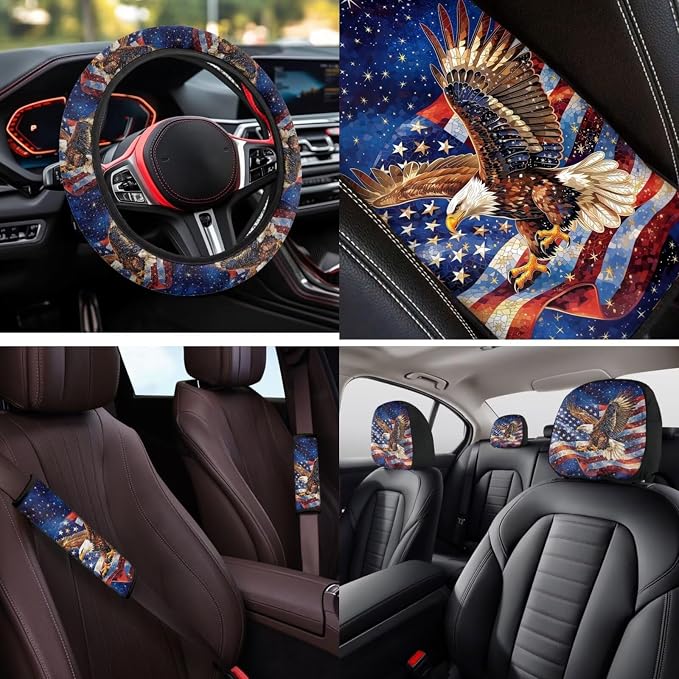 Bulopur American Flag Eagle Car Seat Covers Full Set with Vehicle Armrest Cushion Easy Install Auto Seat Belt Shoulder Strap Covers 15 Inch Steering Wheel Cover Coasters Car Interior Accessories