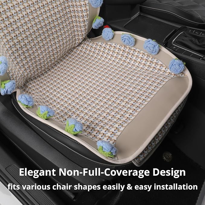 Universal Seat Covers for Cars,SUVs&Trucks,Handmade 3D Blue Rose Seat Protector,Leather&Houndstooth Cotton-Linen Floral Seat Cover,Cute Car Accessories for Women (1-Piece)