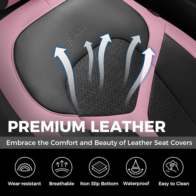 FLORICH Car Seat Covers Full Set, Universal Seat Cover 5 Seats, Automotive Seat Covers with Mesh Leather, Waterproof Car Seat Protector, Breathable Car Seat Cushion for Most Car SUV Truck, Pink