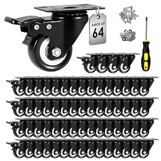 2" Caster Wheels Set of 64, Heavy Duty with Brake | No Noise, Locking, Polyurethane (PU) Wheels, Swivel Plate, Black, Pack of 64