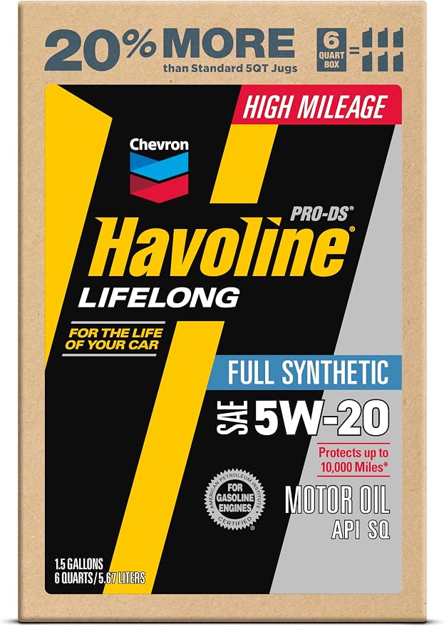 Havoline Motor Oil 5w20 PRO-DS Lifelong Full Synthetic Smart Change Engine Oil, 5W-20, 6 Quarts, Pack of 1