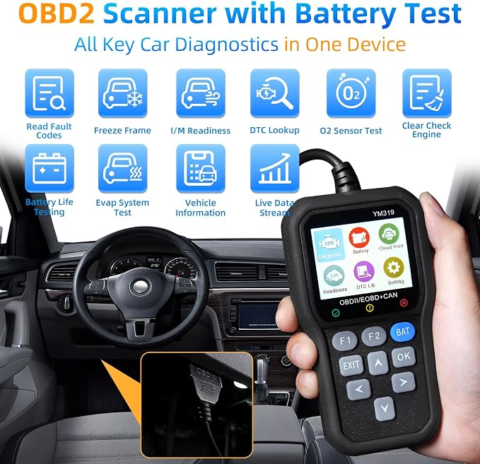 FX319 OBD2 Scanner OBD2 Code Reader, Car Diagnostic Tool with 12V Battery Tester, Turn Off Check Engine Light, Live Data, Cloud Printing for 1996+ OBDII Cars