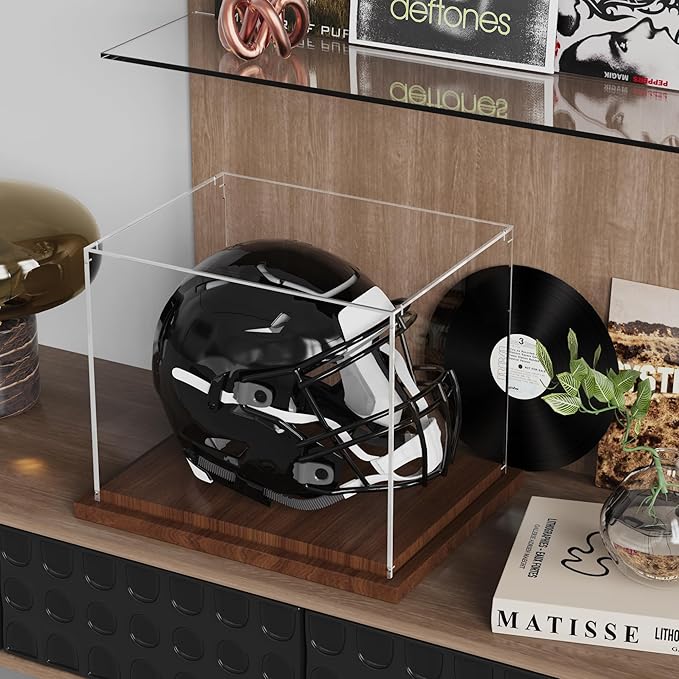 VGMiu Football Helmet Display Case with Wood Base, Clear Acrylic Helmet Display Box Dustproof Displays Case for Helmets, Sports Collectibles, Memorabilia Displays