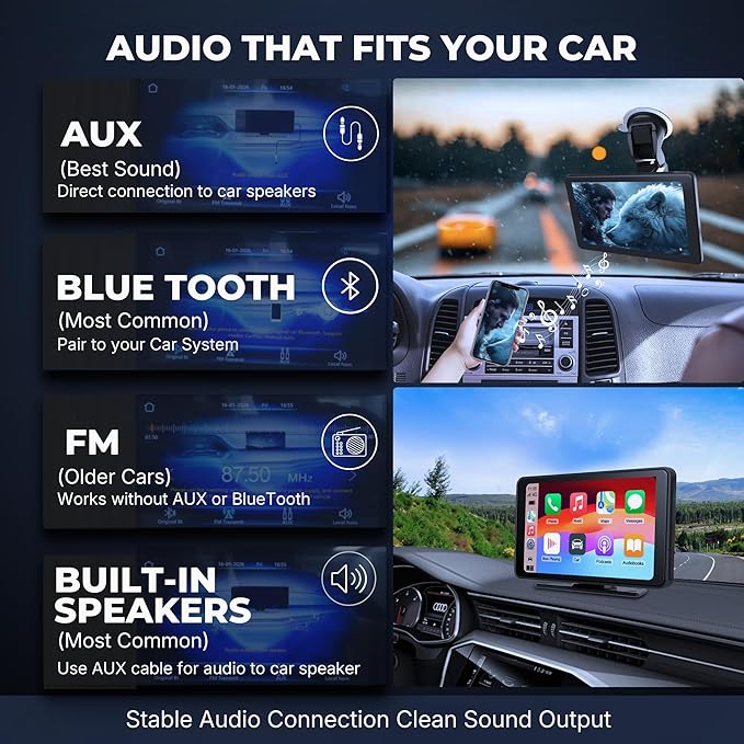 Portable Wireless Carplay Car Screen carplay, 7" Touchscreen for Car with Apple Car Play & Android Auto Backup Camera/Mirror Link/Voice Control/Bluetooth/GPS/AUX/FM All Vehicle