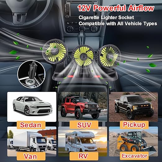 Triple-Head Fan for Car, Portable Car Fans for Vehicles Cars RV Vent with 360°Rotation Cigarette Lighter Plug