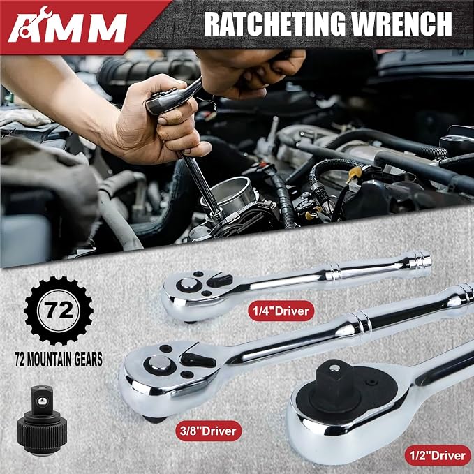 AMM Mechanics Tool Set, 1/4 in, 3/8 in and 1/2 in Drive socket set, 202 Piece