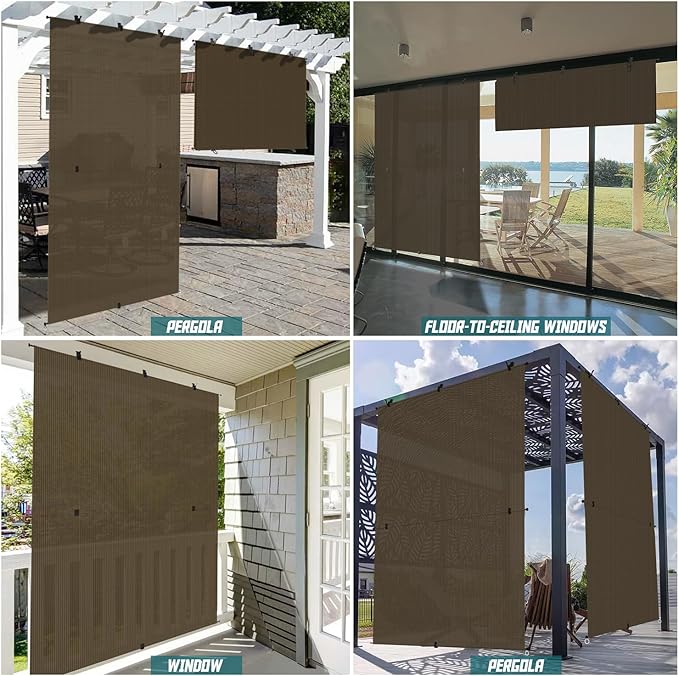 Bynbbur 5'W x 13'H Outdoor Patio Shades Foldable Roller Blinds, 220 GSM Sun Shade Roll Up Porch Screens Exterior Shade Cloth for Deck Pergola Backyard, Brown