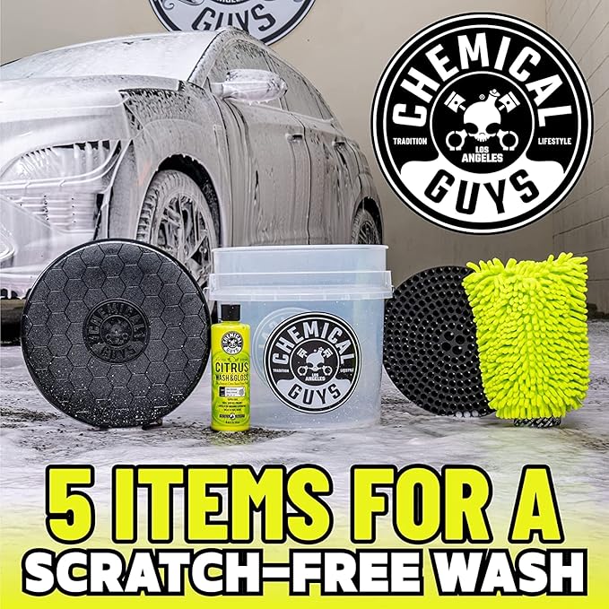 Chemical Guys CWS_101BK Car Wash Detailing Bucket, Mitt & Accessories Bundle (6 Items) Featuring Maxi-Suds II Foaming Car Wash Soap, 128 oz (1 Gal), Cherry Scent - Works on Cars, Trucks, SUVs, & More
