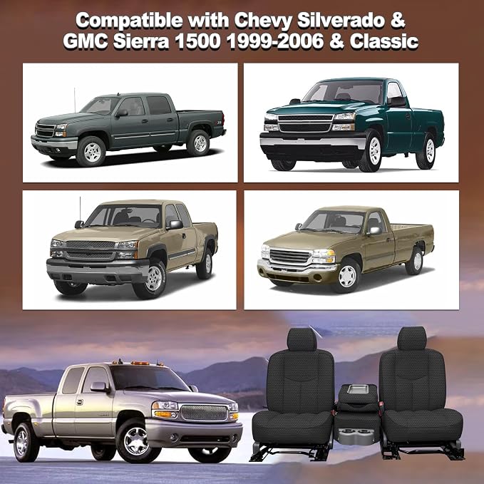 Seat Covers for Chevy Silverado & GMC Sierra 1500 1999 2000 2001 2002 2003 2004 2005 2006 Heavy Duty Cloth Protector Interior Accessories，Waterproof & Machine Washable-Black (Front)