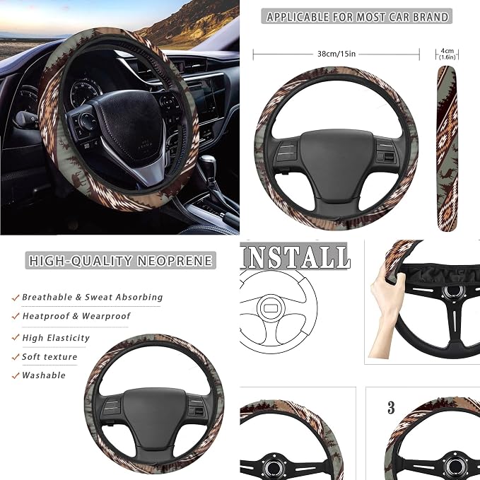 Navajo Aztec Deer Car Seat Covers Full Set with Steering Wheel Cover Shoulder Pads for Women Men, Stretchy Seat Covers for Cars, Car Accessories Universal Fit for Most Cars Truck, Brown