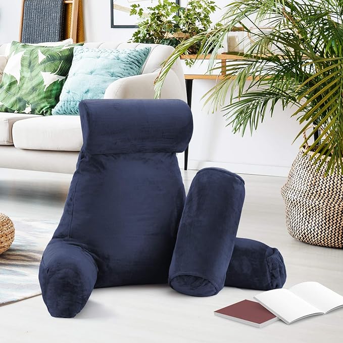 Nestl Reading Pillow with Shredded Memory Foam Includes 2 Neck and Lumber Support Pillows, Designed for Sitting Up in Bed and Couch, Back and Arms Adjustable Support for Adult & Teens, Navy Blue