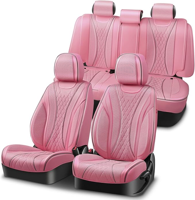 Auto Dynasty Car Seat Covers Full Set, Anti-Slip Automotive Interior Covers with Storage Pocket, Breathable Car Seat Protectors, Airbag Compatible, Fit Most Vehicles, Diamond Stitch Mesh Pink