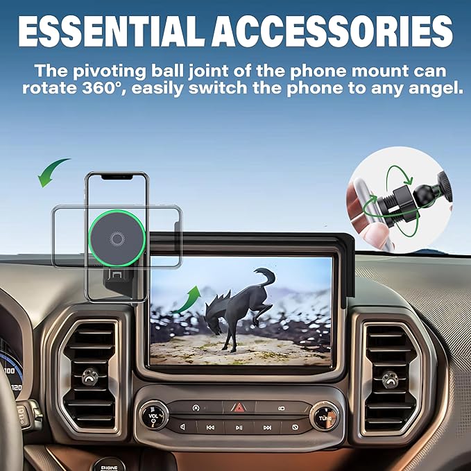 Car Phone Holder for Ford Bronco Sport 2021-2024 Accessories Apply to 8 Inch Touch Screen 15W Fast Wireless Charger Screen Fixed Clip Cell Phone Mount Hands-Free 360 Degree Rotation