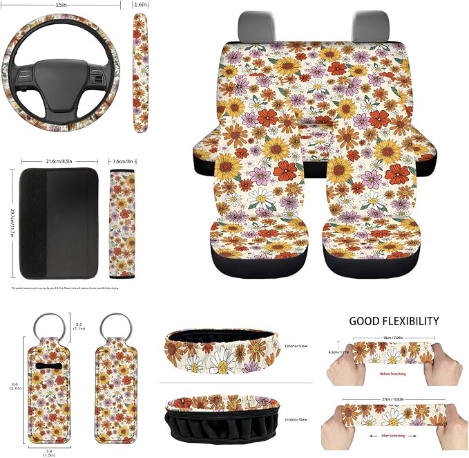 Cottage Daisy Flower Auto Seat Covers for Women Sunflower Car Accessory Car Seat Protector Interior Set with Steering Wheel Cover +Coasters+Key+Interior Mirror Cover+Hand Break+Gear Shift Pad