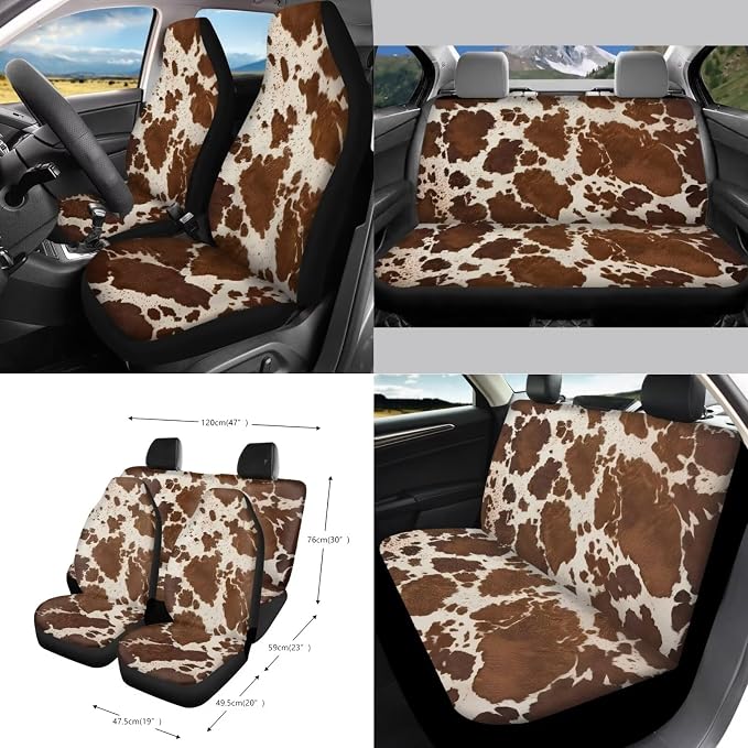 Wanyint Brown Beige Cow Print 15 PCS Car Seat Cover Full Set With Steering Wheel Cover, Seat Belt Pad, Trash Bin, Rear View Mirror Cover, Cup Holders, Keychain, Air Vent Storage Bag, Car Decoration