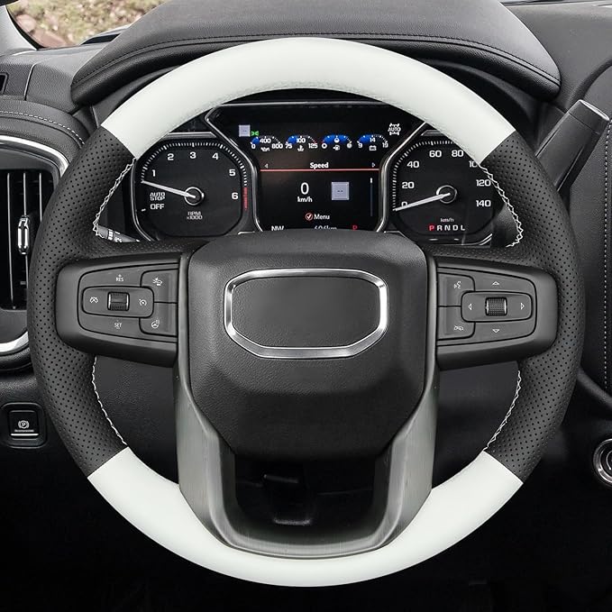 MEWANT DIY Stitched White Leather Steering Wheel Wrap Cover for GMC Sierra 1500 2019-2023 / Sierra 1500 Limited 2022 / Sierra 2500 2020-2024 / Sierra 3500 2020-2024 / Yukon (XL) 2021-2023 Accessories