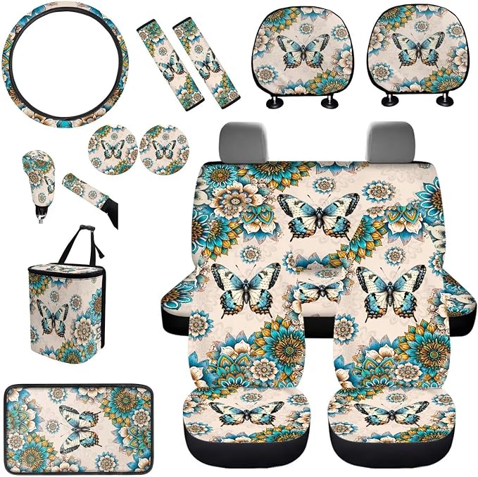 BIGCARJOB Boho Lotus Car Seat Covers Set 15 Pieces Butterfly Print Auto Seat Headrest Cover Universal Steering Wheel Cover Car Trash Can Hanging Auto Interior Accessories Set